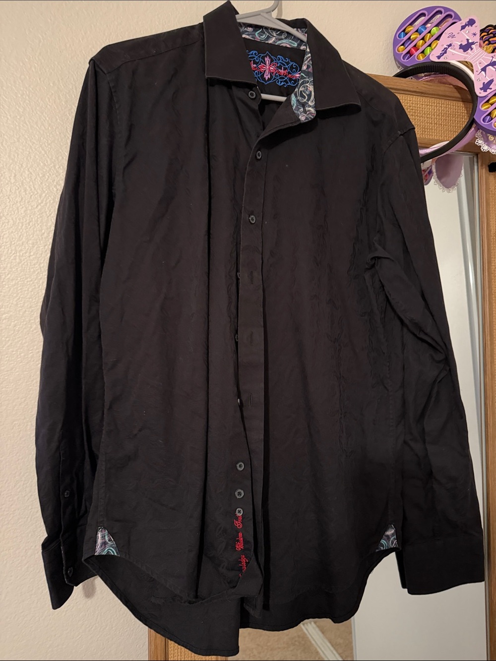 Black Men's Button-Up Shirt with Paisley Inner Trim